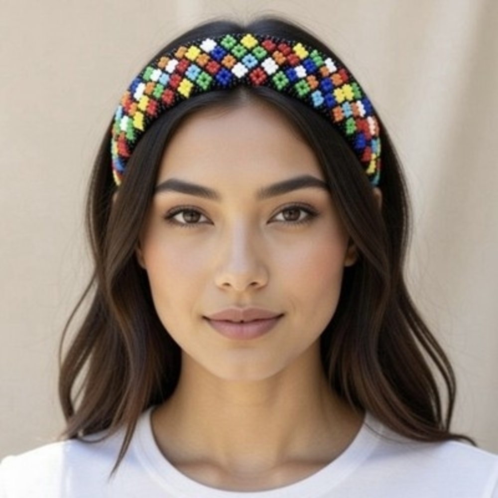 Handmade Colorful Beaded Headband Elastic Multicolor Artisan Hair Accessory Boho